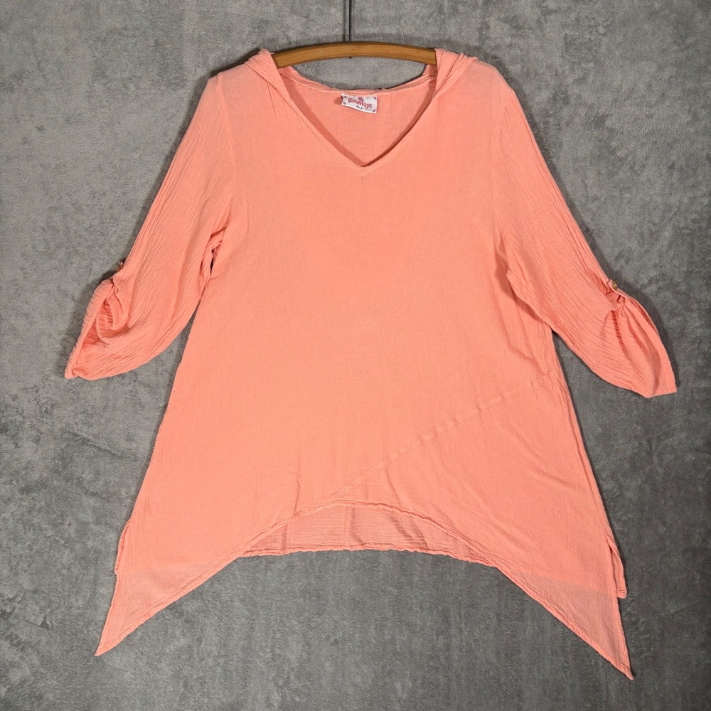 CottonWays Peach Cotton Gauze Hooded Sharkbite Tunic Top Large 2 Boho Roll Tab